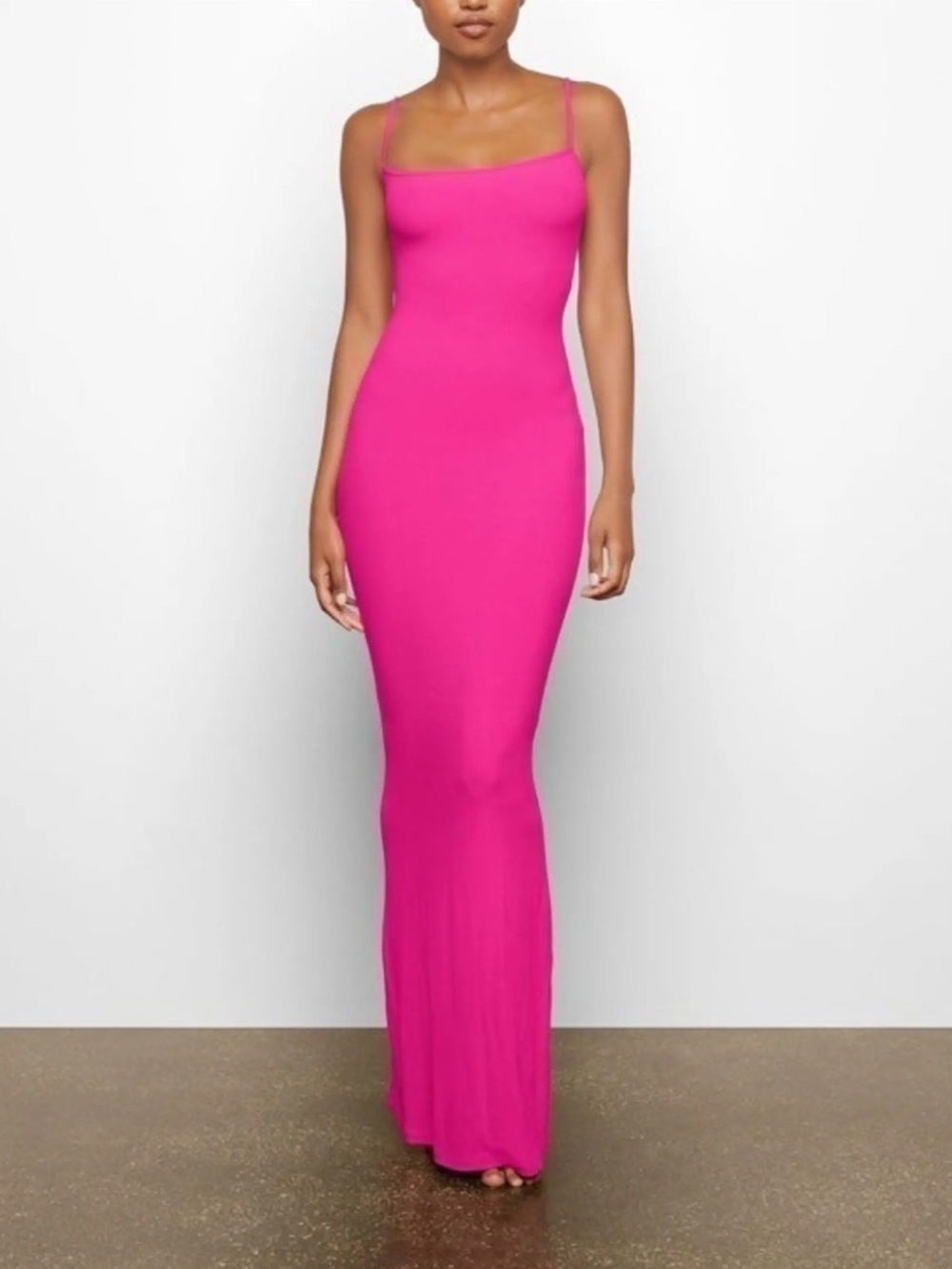 SKIMS Soft Lounge Ribbed Modal Slip Dress Fuchsia Pink Maxi Stretch Knit RARE